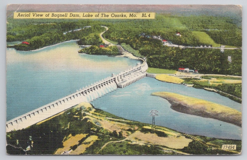 1949 Bagnell Dam Lake of the Ozarks MO Aerial View Linen Postcard Posted