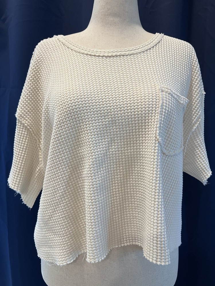 PILCRO by ANTHROPOLOGIE (M) Women's Cream Chest Pocket Waffle Cropped Tee Grunge