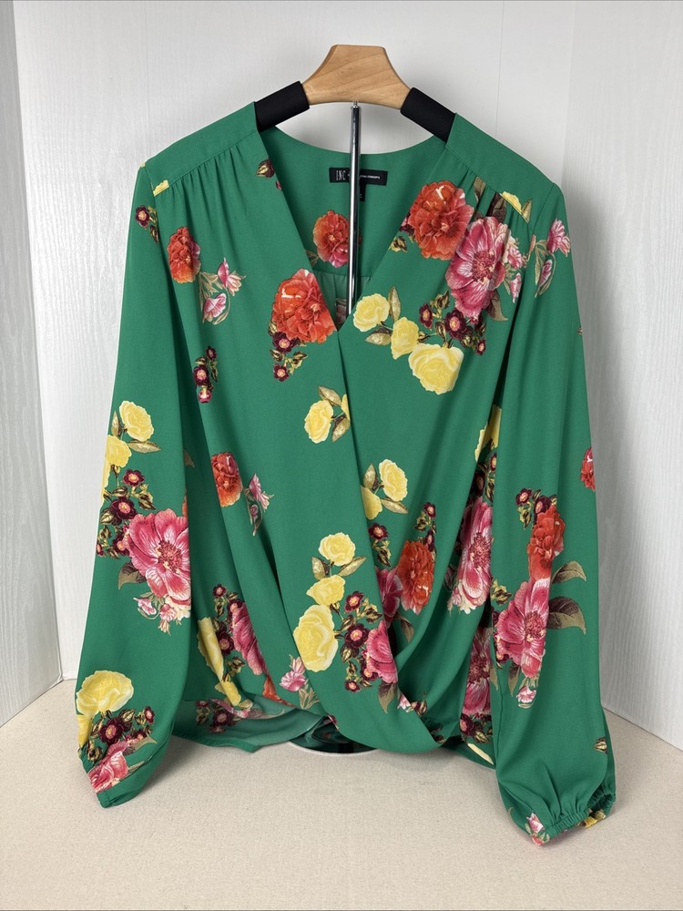 INC International Concepts Floral Wrap Blouse Green V Neck Long Sleeve Women’s