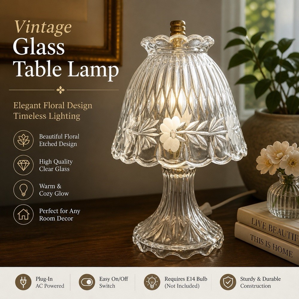 Vintage Crystal Style Boudoir Table Lamp Frosted Floral Glass 11” Regency