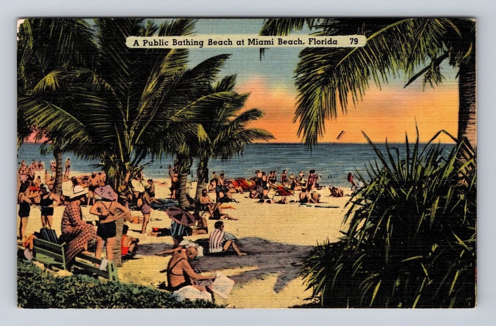Miami Beach FL-Florida, Public Bathing Beach, Antique Vintage Souvenir Postcard