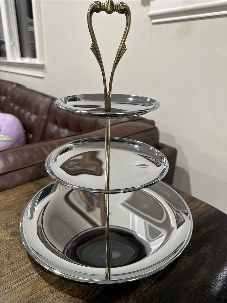 Vintage VOGUE Kromex Tidbit 3 Tier Serving Tray Two Tone Sliver And Gold Tone