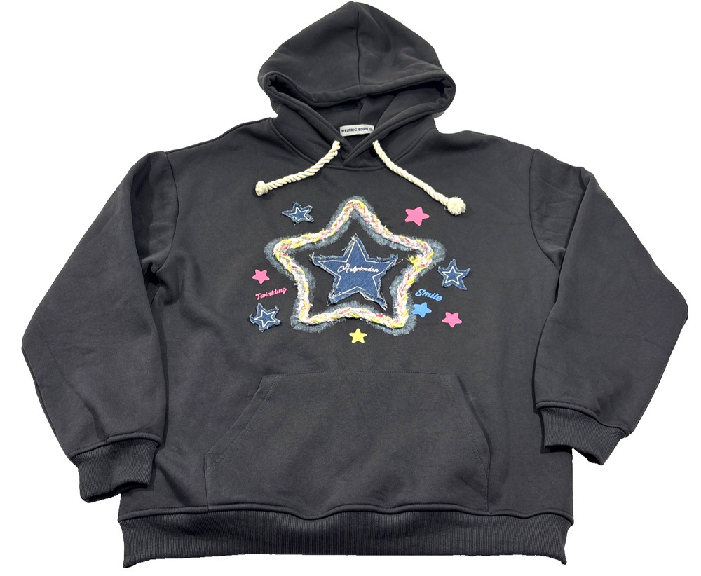 Aelfric Eden Denim Star Applique Hoodie Womens M Gray Embroidery Streetwear EUC