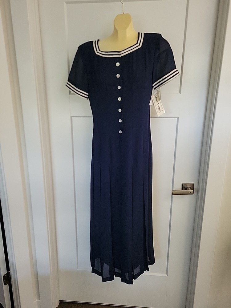 Sailor Dress Maxi Pleated Size 8 Navy Blue Nautical Sailor Short Sleeve VTG