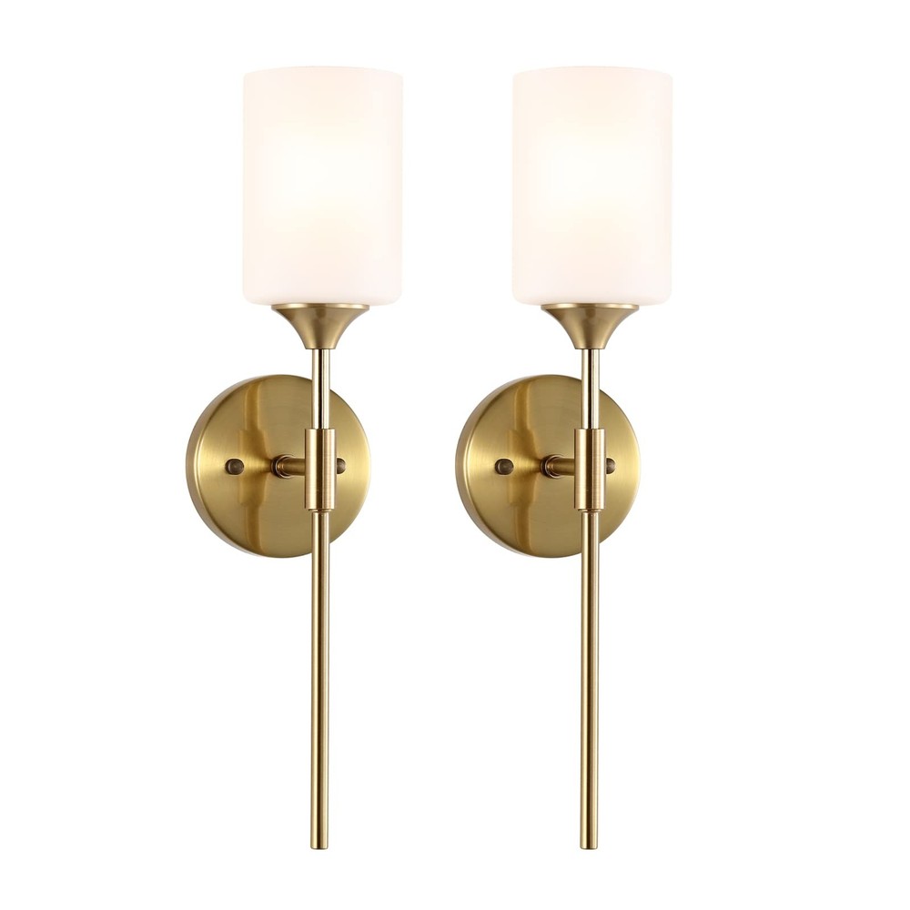Gold Wall Sconce Set of 2 with White Cylinder Glass Shades Modern Mid Century...