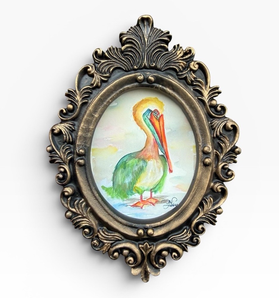 Pelican mini watercolor bird print of original painting • vintage ornate frame