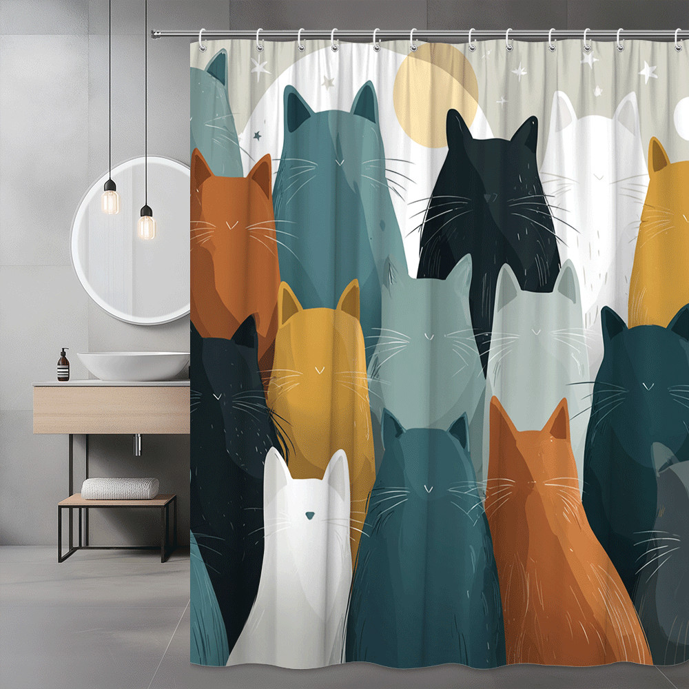 Cat Shower Curtain, Modern Cats and Moon Print Bathroom Decor