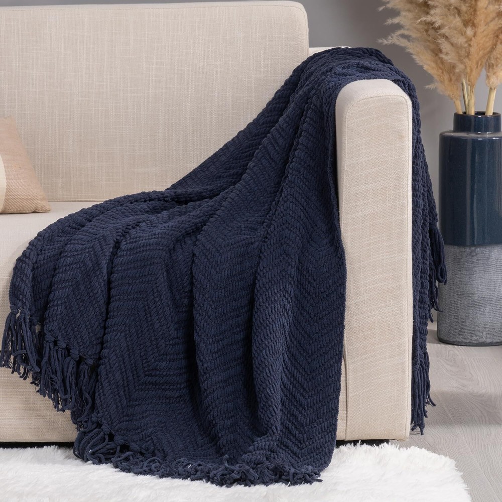 Knit Chenille Throw Blanket, Textured Knitted Throw Blankets w/Tassels, Decor...