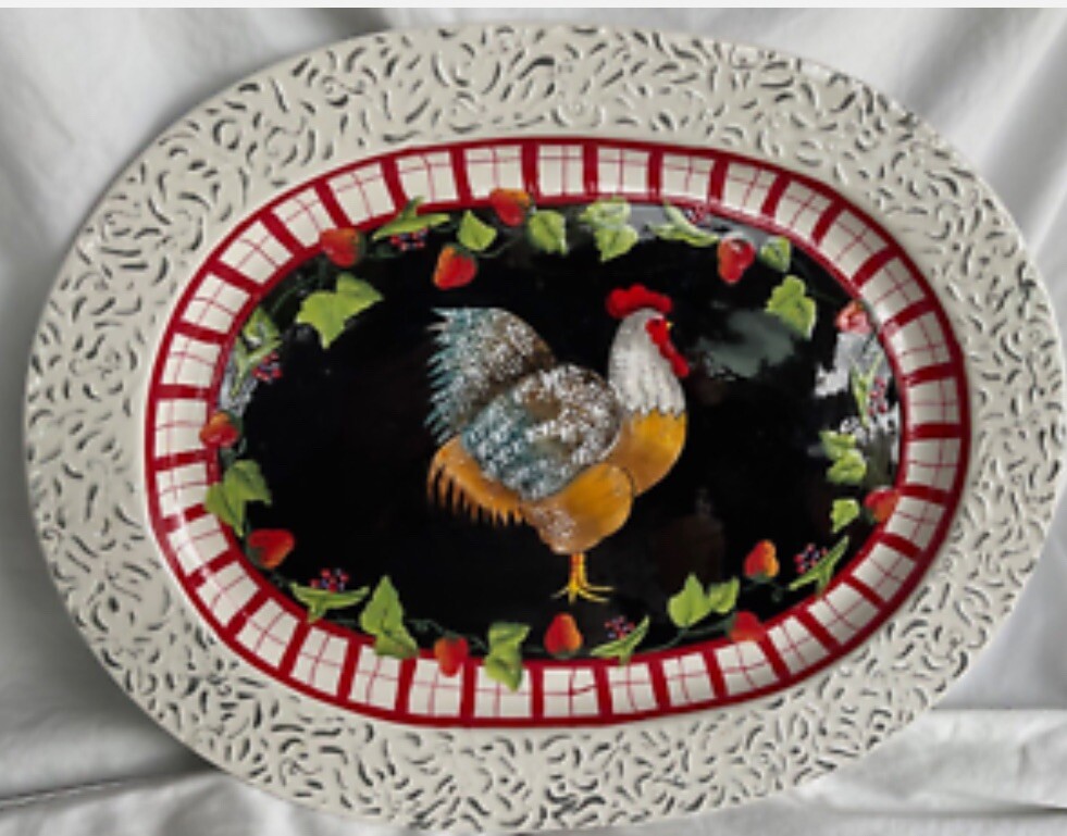 Vintage Ganz Bella Casa Rooster 16 x12 Platter Serving Dish Plate Tray Black Red