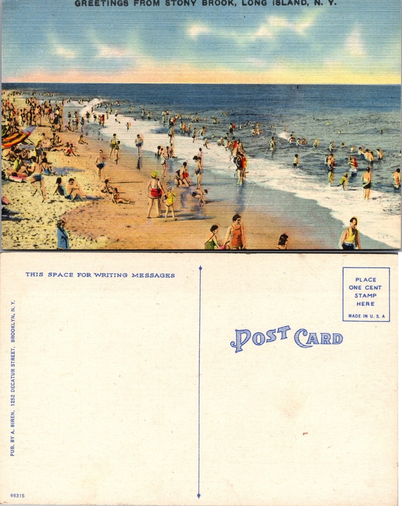 Stony Brook Long Island New York NY Beach Crowd Swimmers Postcard