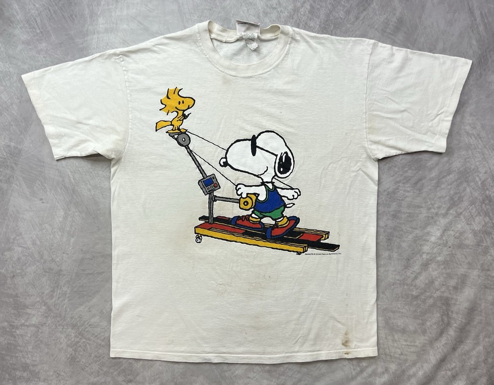 Vintage 90s Peanuts Snoopy & Woodstock Exercising Treadmill T-Shirt Size XL