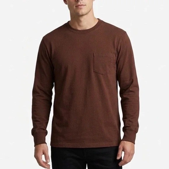 American Giant T-Shirt Mens L Maroon Cotton Long Sleeve Front Pocket Crew Neck