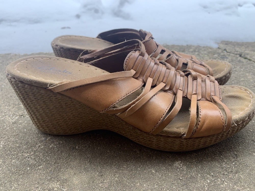 Clarks Bendables Women's Wedge Sandals Tan Brown Strappy Espadrille Size 10 M