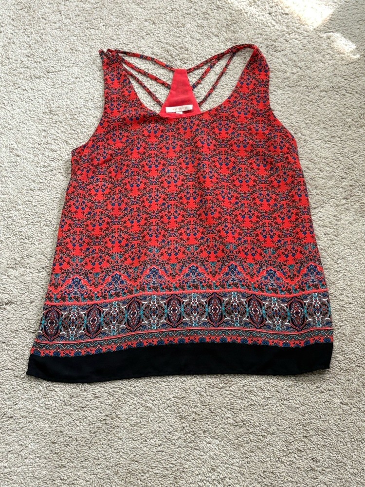 Skies Are Blue Womens Shirt Size Medium Multicolor Print Strappy Lined Flowy