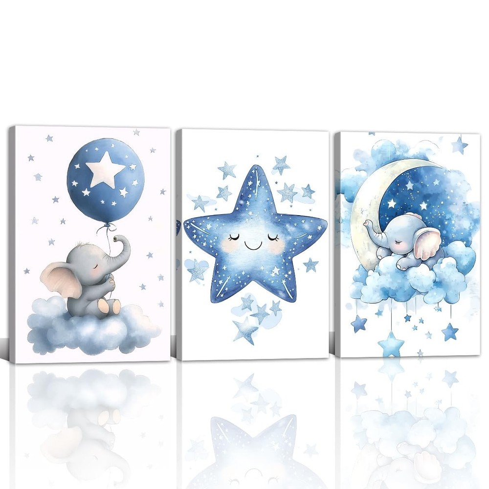 Nursery Canvas Wall Art Elephant Pictures Wall Decor Moon and Stars Painting ...