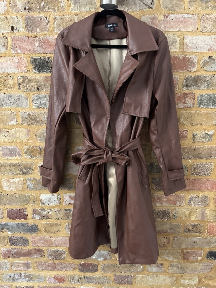 Boohoo Trench Coat Jacket Belt Button Up Small Faux Leather Size XS UK 6 8 Brown