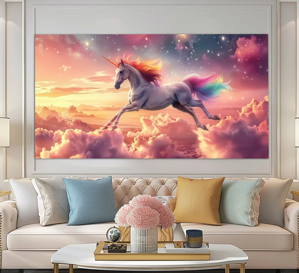 Magical Unicorn in Pink Clouds Fantasy Wall Art Canvas Print  
