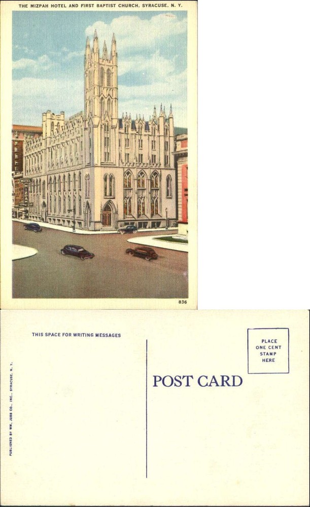 Mizpah Hotel and First Baptist Church Syracuse New York 1930s vintage postcard