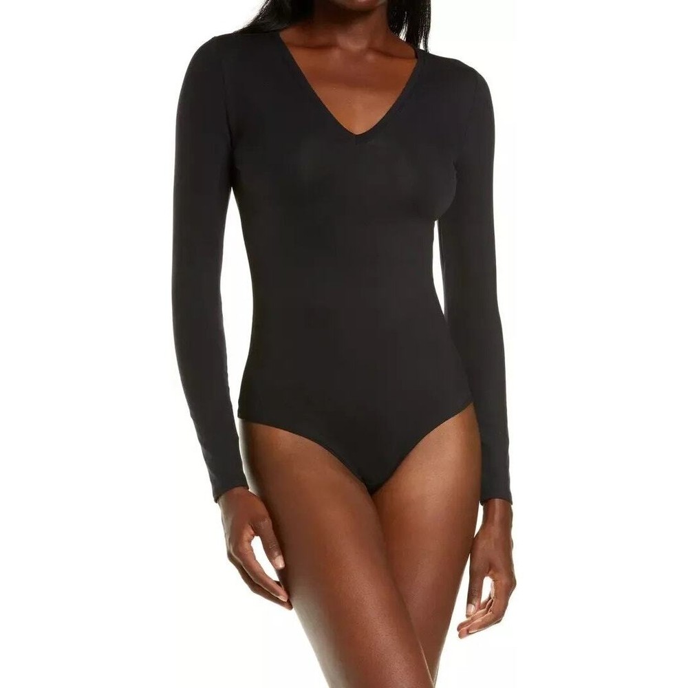 SPANX Black V-Neck Bodysuit with Snap Closure Size Medium
