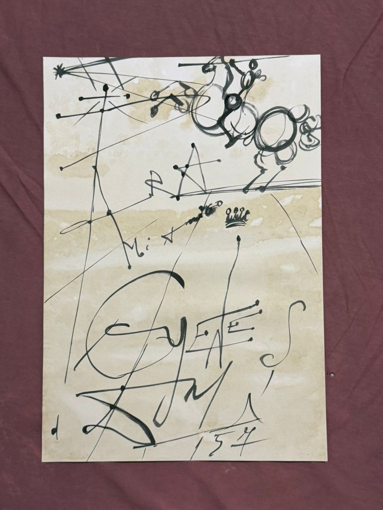 SALVADOR DALI  drawing and painting on old paper signed stamped vintage