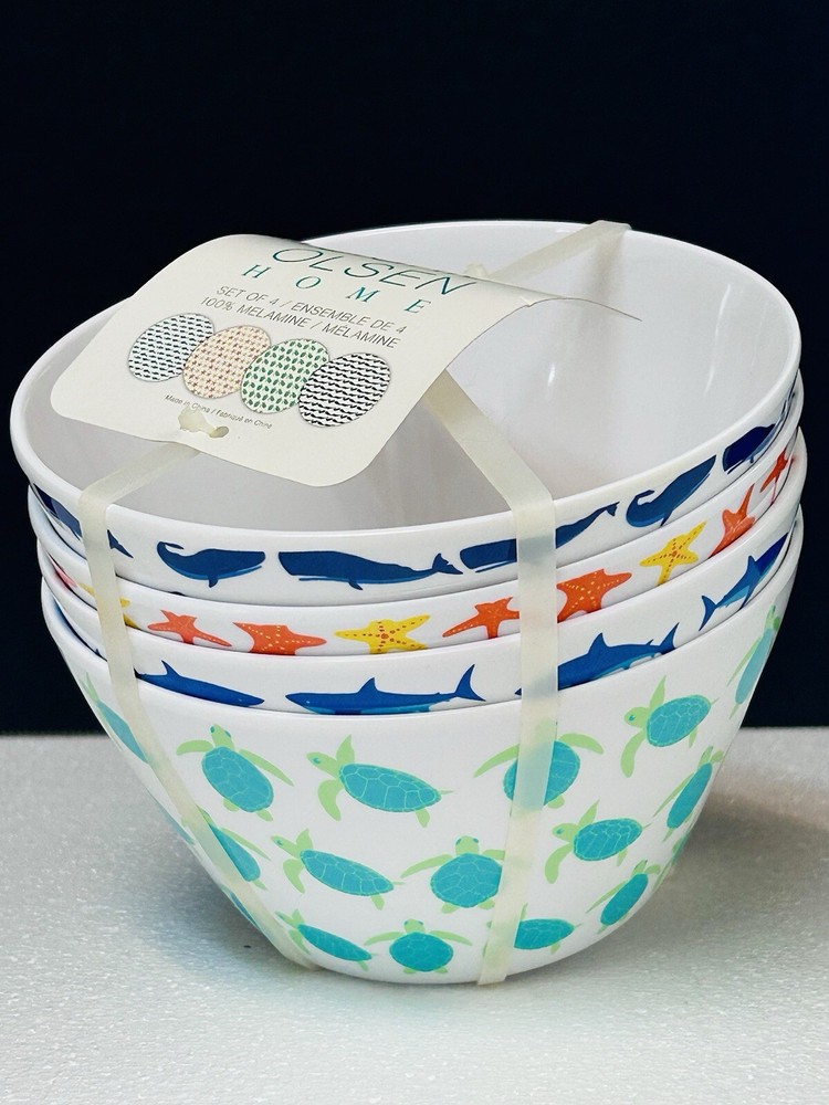 (4) NEW SIGRID OLSEN MELAMINE CEREAL BOWL SET WHALE STARFISH SHARK  TURTLE