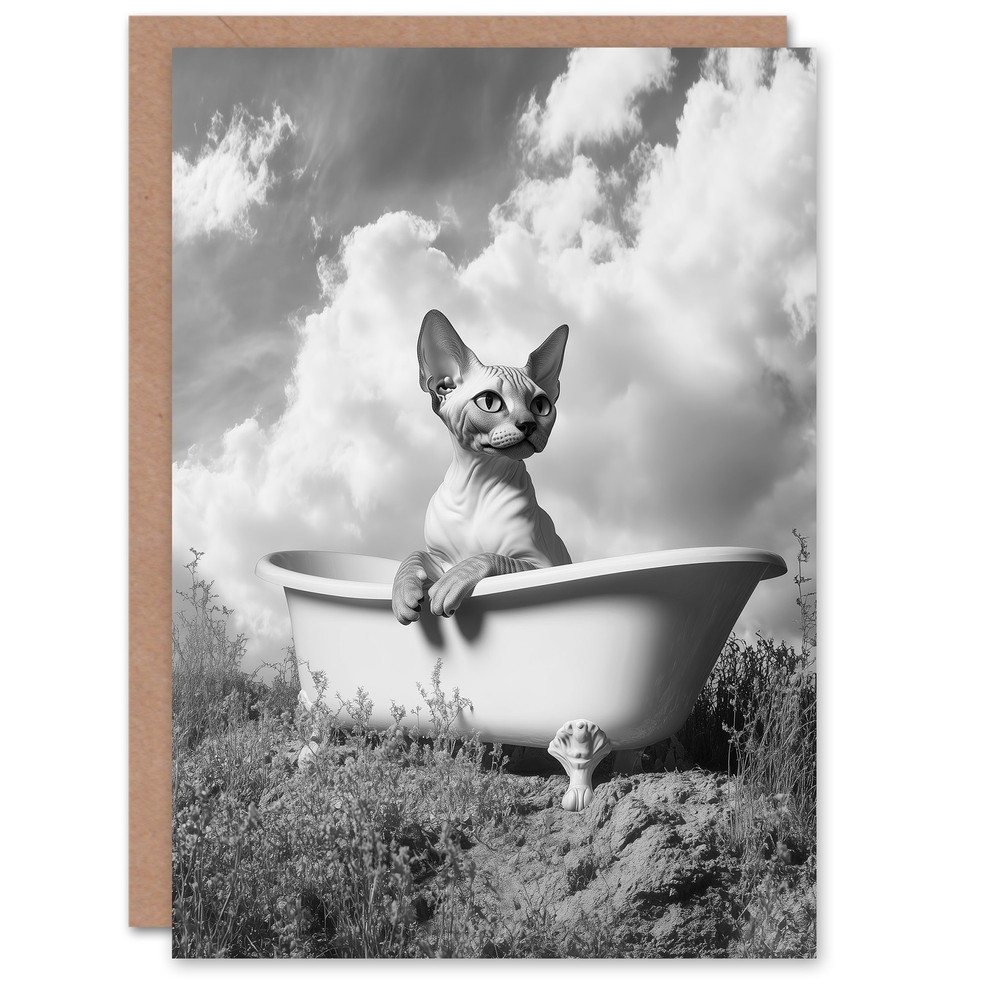 Sphinx in Bathtub Black White Surreal Cat Lover Birthday Greeting Card