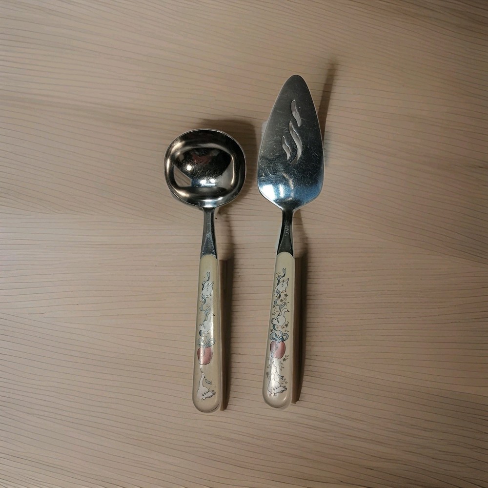 Vintage Geese and Apple Stainless Steel Pie Server/Ladle Set Japan 80s Marmalade