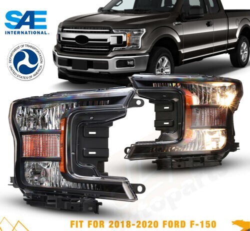 Black Halogen Projector Headlights for 2018-2020 Ford F-150 with Clear Lens