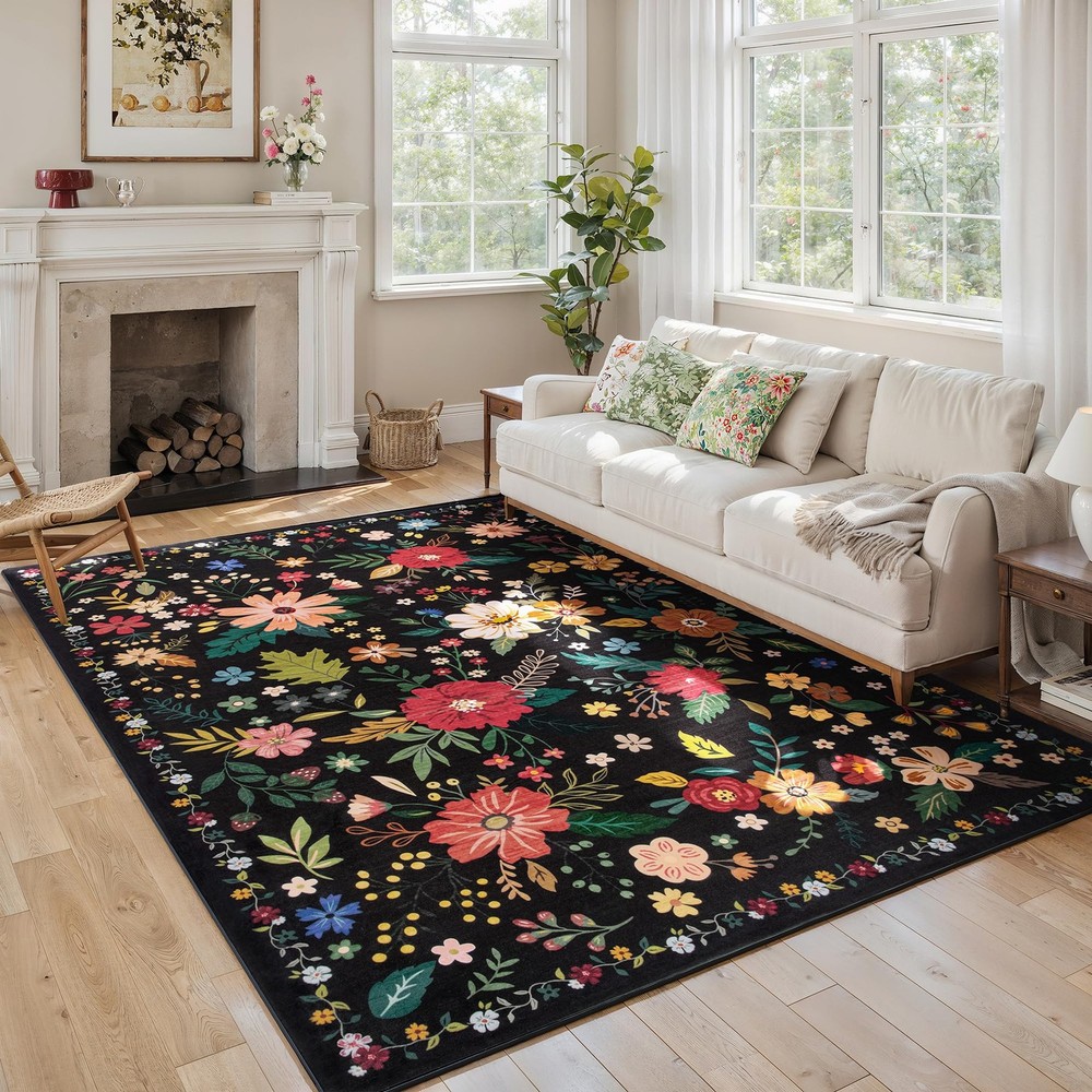 5x7 Washable Rug for Living Room, Floral Black Area Rug, Non Slip Low Pile So...
