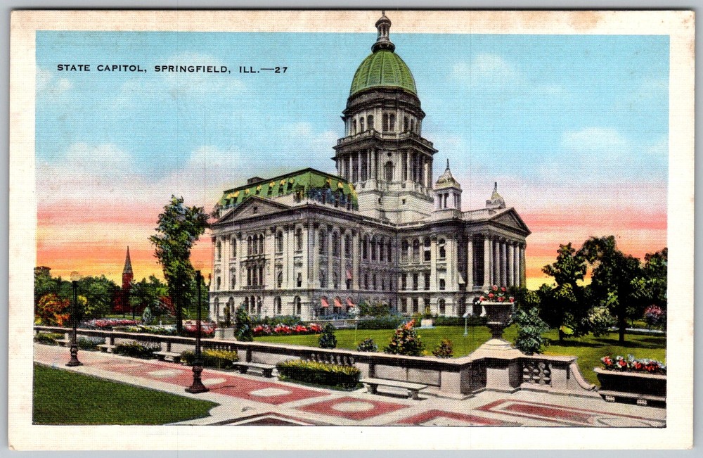 Vtg Linen Postcard State Capitol Building Springfield, IL 1930s