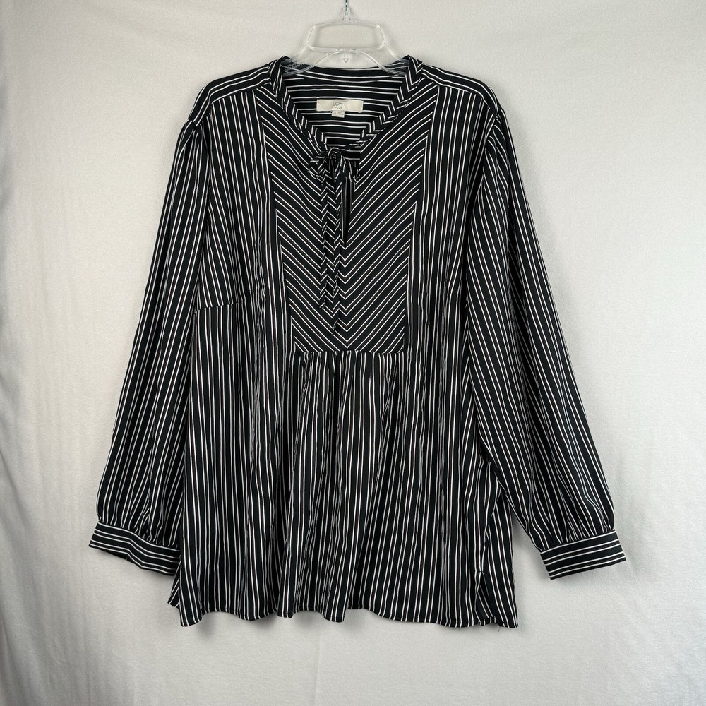 Loft Plus Womens 26 Stripe Peasant Blouse Black Long Sleeve Cottage Core Top