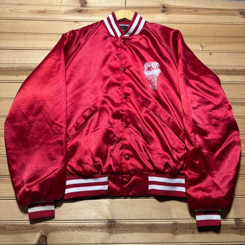 Vintage 80s Ostrich Emu Graphic Full Button Satin Bomber Jacket USA Made Medium