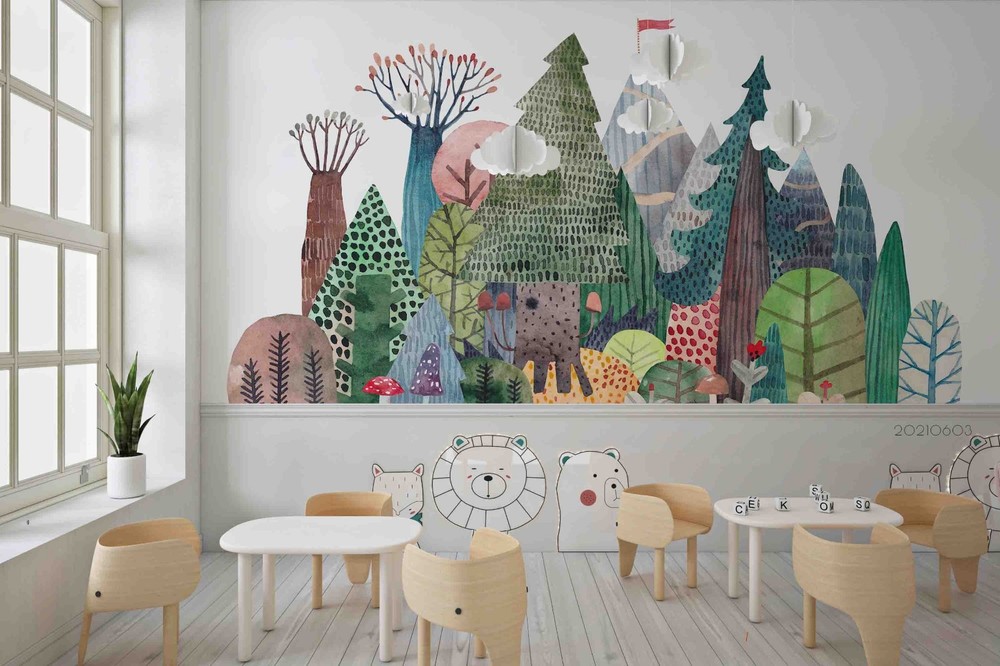 3D Forest Cartoon Watercolor Wall Murals Wallpaper Murals Wall Sticker