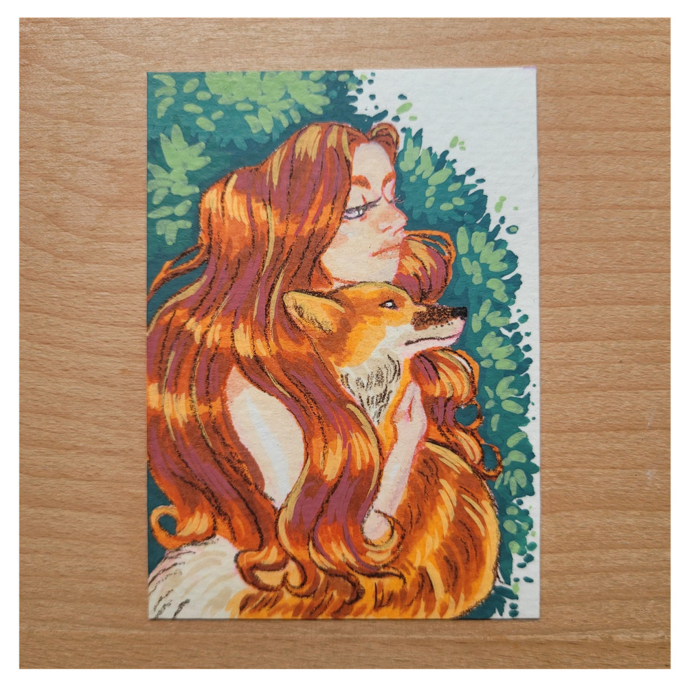 ACEO Original Woman and Fox Mixed Media Painting By InnyNieves