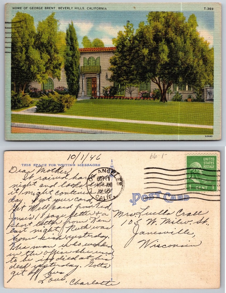 George Brent Home Beverly Hills CA 1946 Linen Postcard Hollywood Star