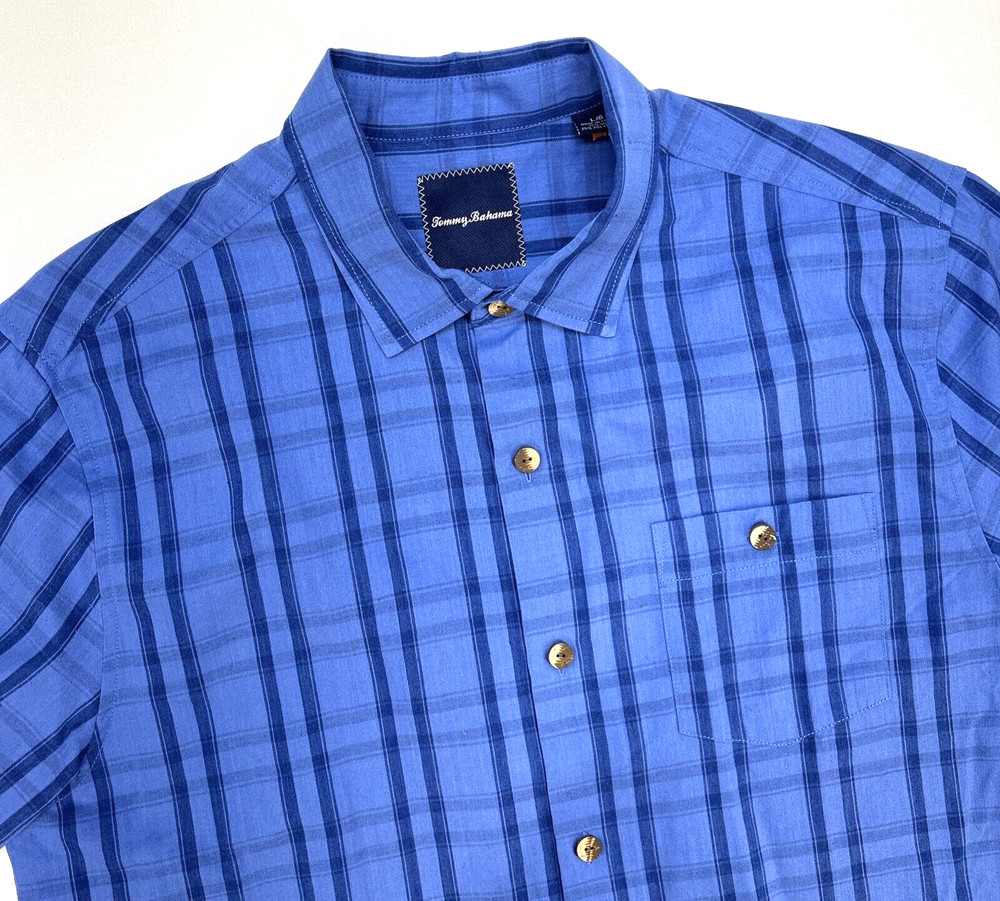 Tommy Bahama Island Zone Button Up Pocket Short Sleeve Shirt Men L Blue Plaid