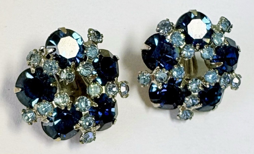 *Vintage*1950’s era Sapphire And Ice Blue Layered Rhinestone Clip on earrings*