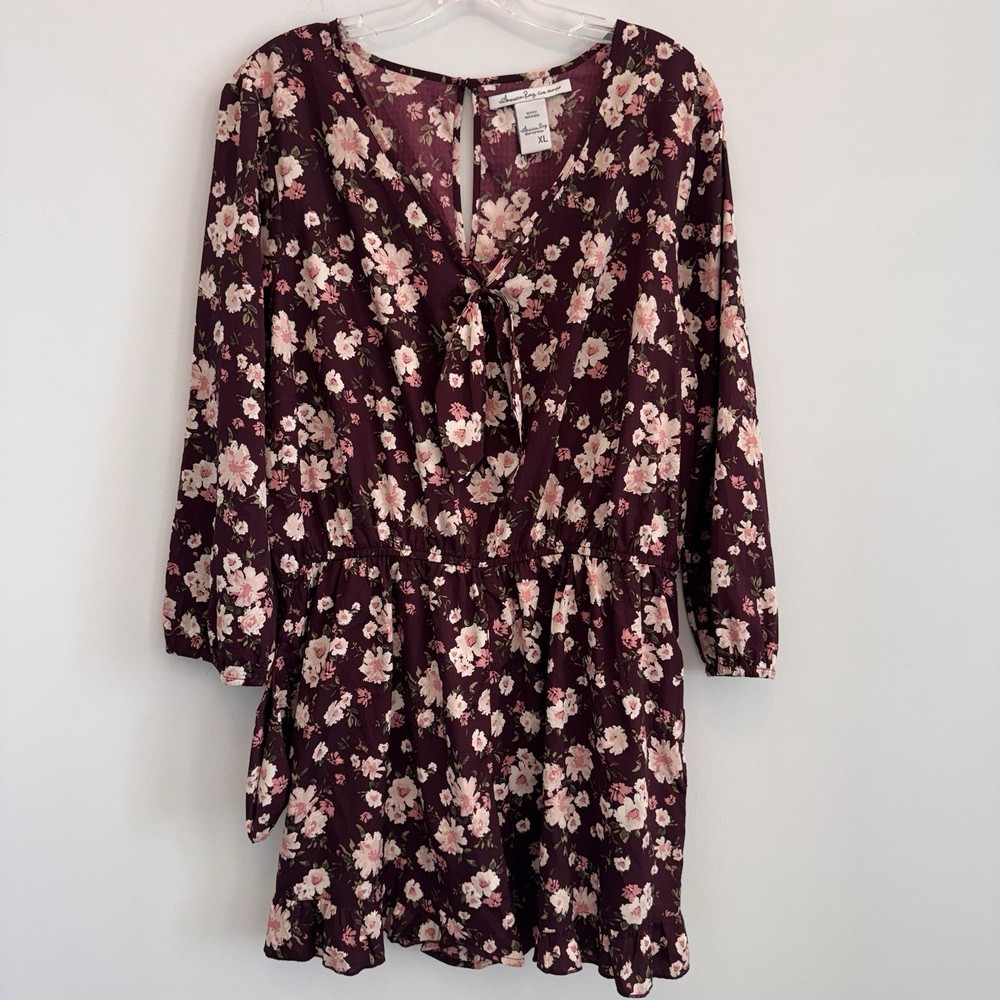 American Rag Cie Romper XL Burgundy Rose Floral Ruffle Hem Tie Front Pockets
