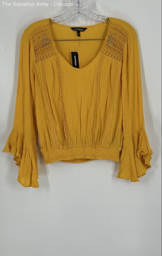 Express Womens Yellow Flutter Long Sleeve Cropped Blouse Top Size X-Small