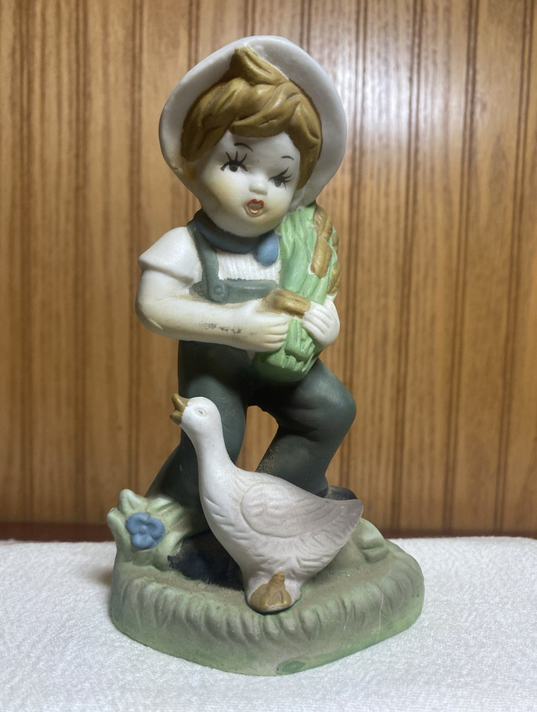 Ceramic Painted Boy with Goose Figurine, Green/White/Blue/Brown, 6 in Tall