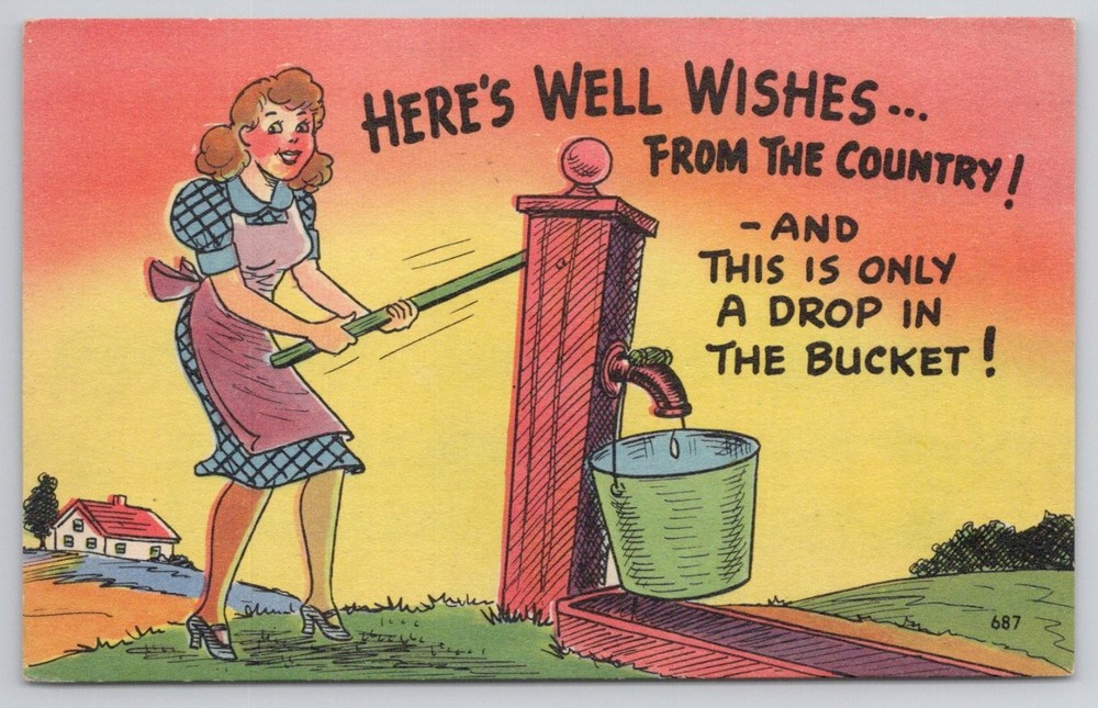 Vintage Country Well Wishes Postcard - Woman Pumping Water - Colourpicture