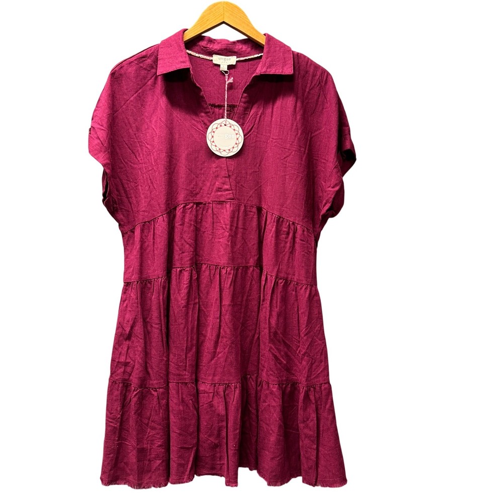 Umgee Tiered Dress Womens Large Linen Blend Merlot Mini Pullover Coastal NEW