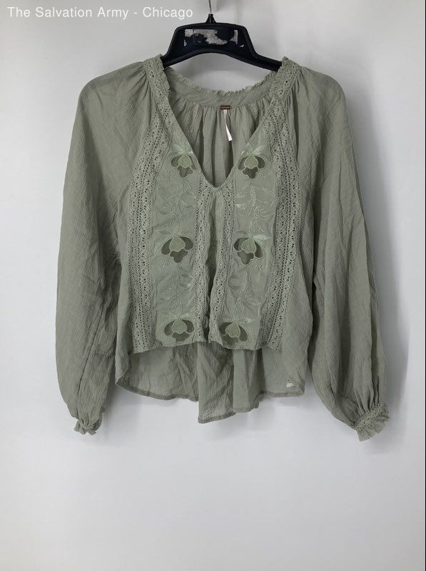 Free People Womens Green Embroidered Long Sleeve Pullover Blouse Top Size XS