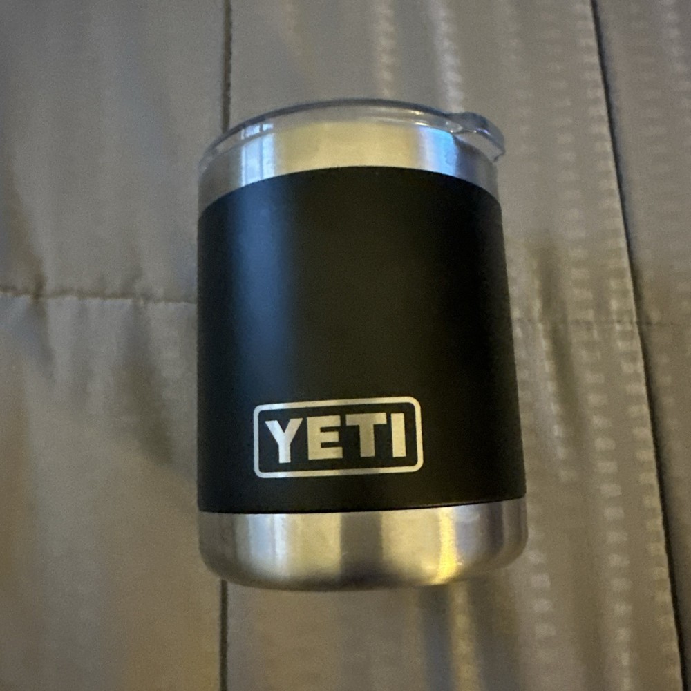YETI Rambler Black Lowball Stainless Steel Cup Tumbler Mug Lid 10 oz - Lyke New