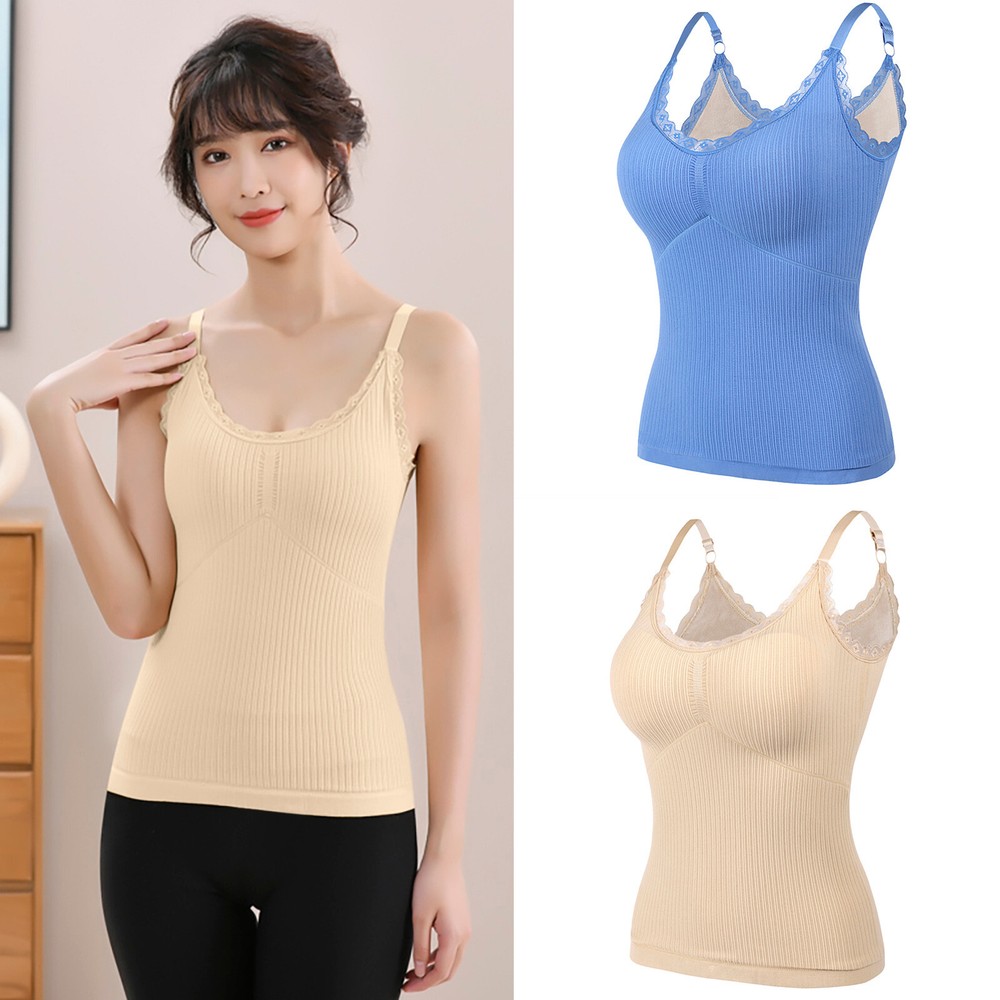 Women V Neck Vest With Built In Bra Underwear Thermal Tank Top Camisole