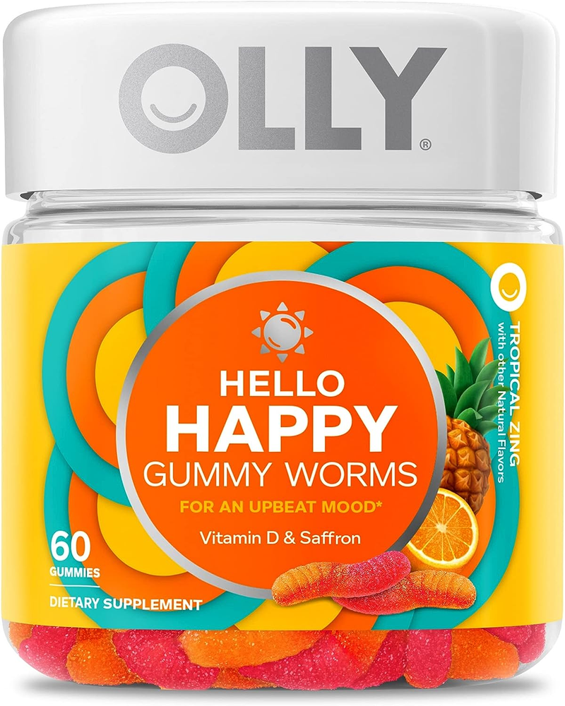 Hello Happy Gummy Worms, Mood Balance Support, Vitamin D, Saffron, Adult Chewabl