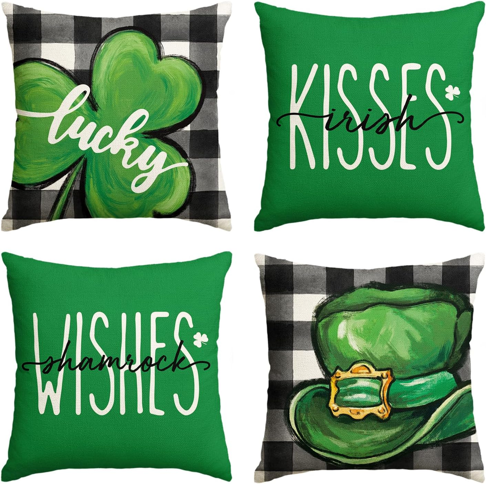 ST Patricks Day Buffalo Plaid Lucky Clover Hat Irish Kisses Shamrocks Wishes Thr