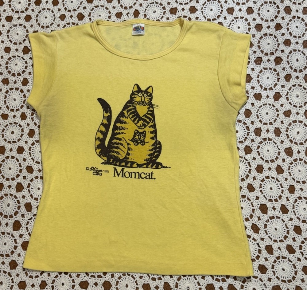 B KLIBAN Momcat Shirt L Vtg 1975 Crazy Shirts Single Stitch Hawaii Cat Yellow