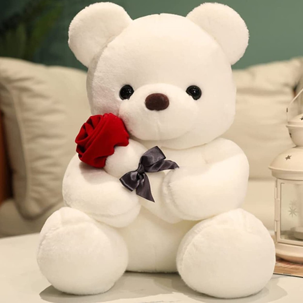 Plush Teddy Bear Holding Roses Soft Stuffed Animal Gift