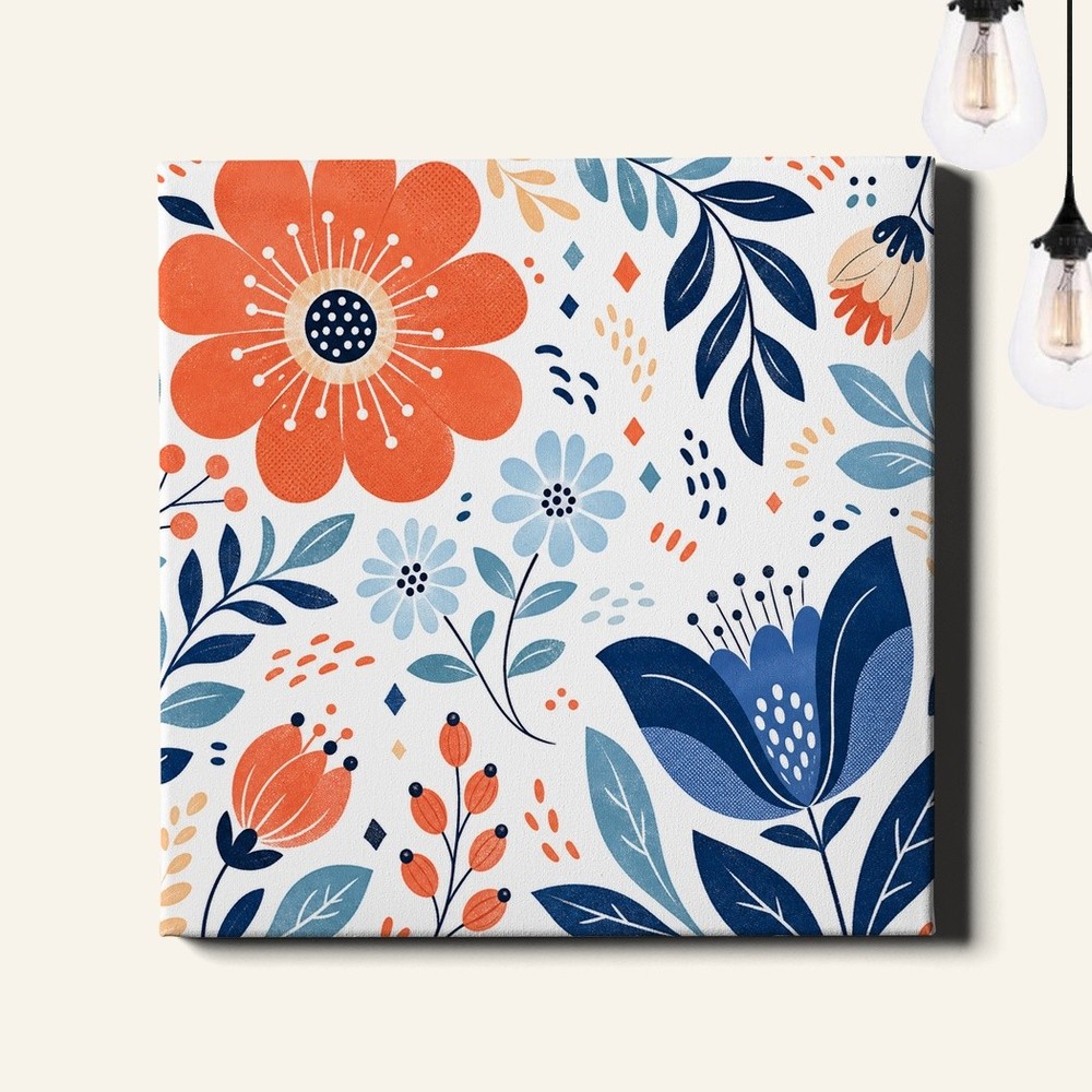 Botanical heart with blue and orange flowers Wall Art abstract floral design-image